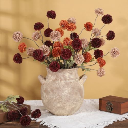 Artificial Flowers Mix 9pcs Faux Silk Chrysanthemum Stems - Coffee, Burgundy & Burnt Orange