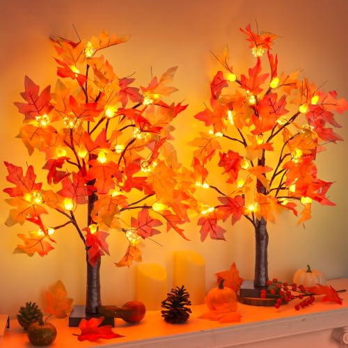 Fall Decor 2 Pack 24-Inch Lighted Maple Trees with 48 LEDs & Timer - Style 1