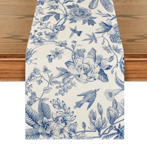 Blue 13x108 Inch Seasonal Peony Azalea Table Runner for Home & Dining