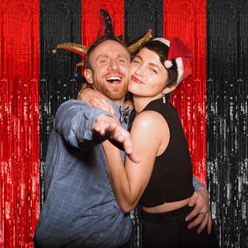 Black Red Foil Fringe Curtain Party Backdrop - 10 Pack, 39.4 x 78.7 inches