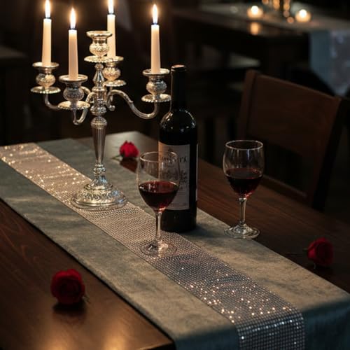 Grey Rhinestone Table Runner with Tassels - 13x84 Inch Wedding & Party Decor