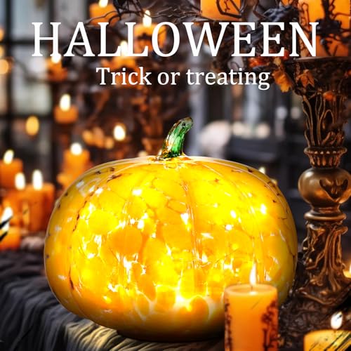 Glass Handcrafted Pumpkin with LED Lights - Fall Halloween Thanksgiving Decor, 5.9 Inch, Green Leaf Orange Variation