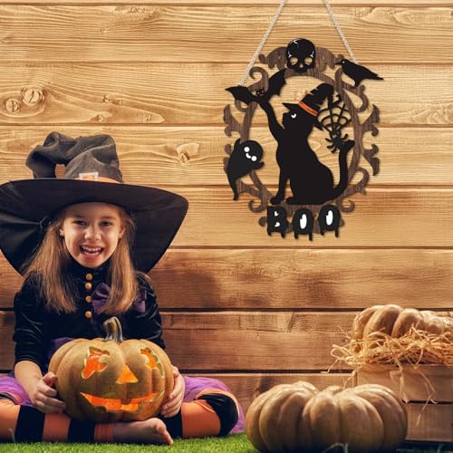 Halloween Black Cat Wooden Sign - Spooky Ghost & BOO Decor - 9x11 Inch Halloween Wall Hanging - Holiday Home Wreath & Porch Sign - Variation: Halloween