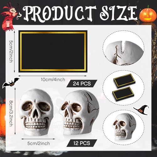 12 Set Halloween Skull Place Card Holders with 24 Name Cards - Resin Party Table Decor