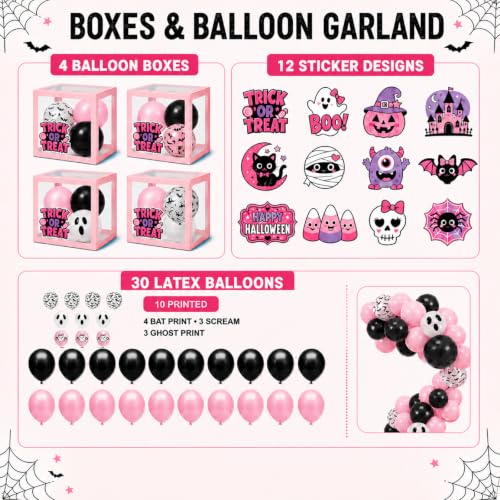 Pink Halloween Party Decorations Kit with Balloon Boxes and Banner