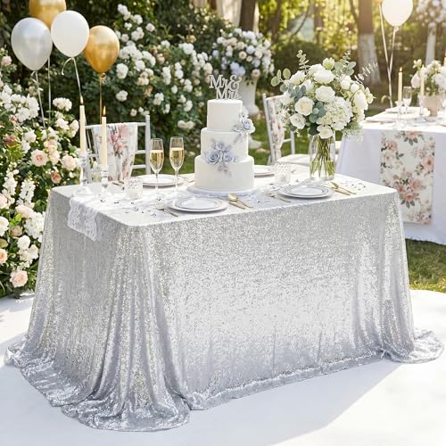 Silver Sequin Party Tablecloth 90x132 Inch Rectangle Glitter Wedding & Celebration Decor