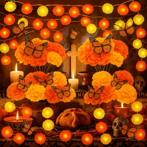 6 Pack Day of The Dead Marigold Garland with LED String Lights and Butterflies - Mexican Dia De Los Muertos Decor