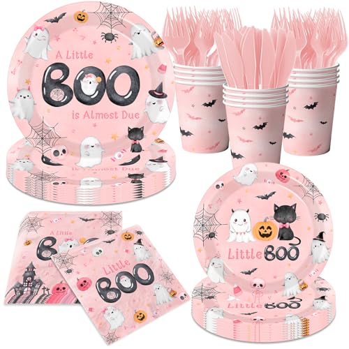 Pink Halloween Baby Shower Dinnerware Set - Plates Napkins Cups for Girl Party
