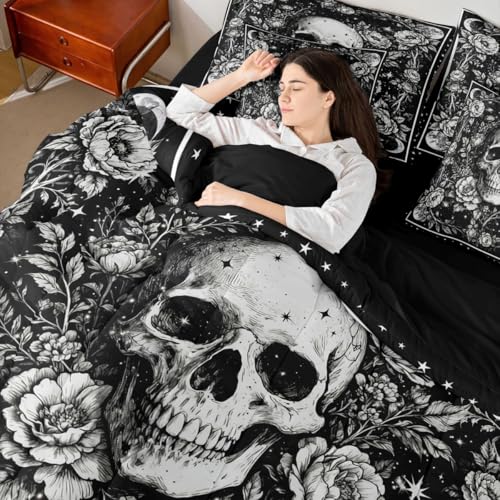 Queen Gothic Comforter Set with Sheets - White & Black Skeleton Halloween Bedding