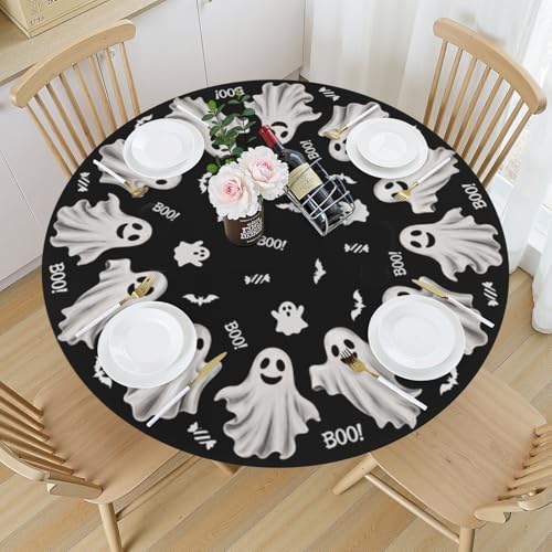 Halloween Round Fitted Tablecloth Spooky Ghosts Bats Waterproof 40-44 Inch - Wood Brown / 60"