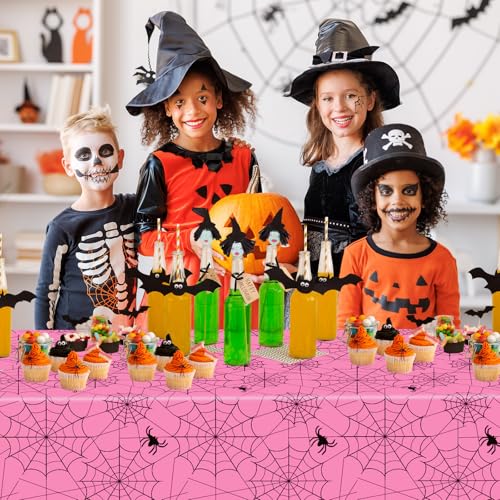 Pink Halloween Spider Web Tablecloths - 2 Pack, 108x54 Inch Disposable Plastic Decor