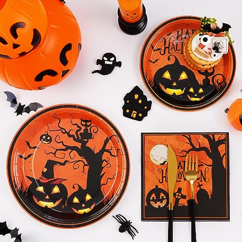 Black Pumpkin Halloween Paper Plates & Napkins Set - Serves 50, Bat & Cat Design