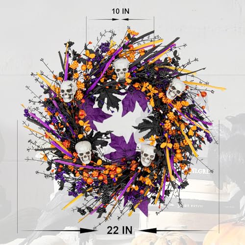 Halloween Wreath with Skull & Berries - 22 Inch Front Door Decor - Black Variation