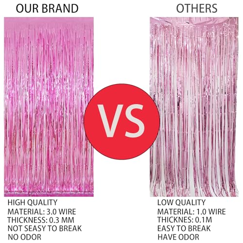 Pink Foil Fringe Curtain 4 Pack - 3.3x8.3 ft Metallic Tinsel Backdrop for Party Decorations