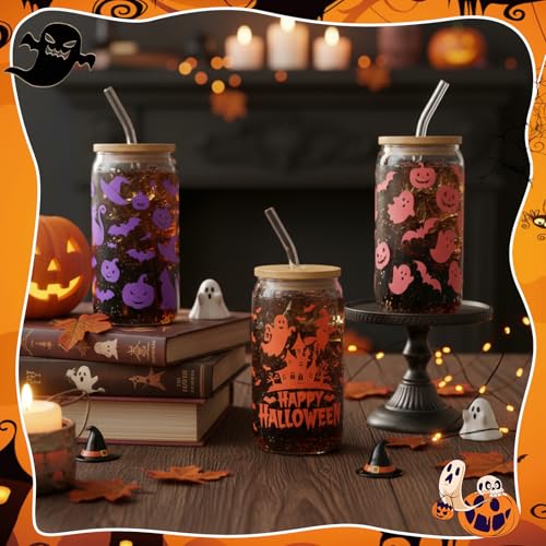 Vesici 12 Pack Color Changing Halloween Glass Cups with Lids & Straws - Ghost Pumpkin Bat Design
