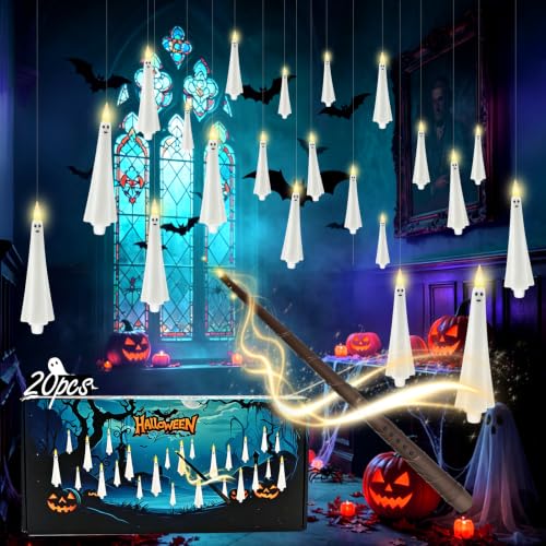Ghost Flameless Floating Candles with Wand Remote - 20 Pcs Halloween Decoration - White (Variation: Ghost White-20pcs)