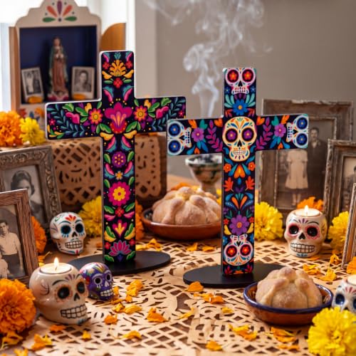 Pinkunn 2-Piece Mexican Cross Wood Table Decor - Floral Skeleton Variation