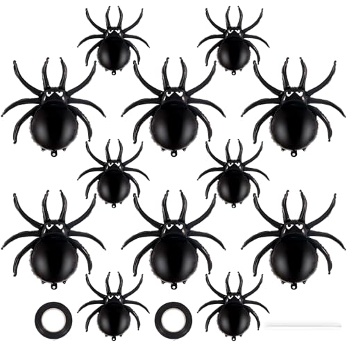 Halloween Spider Balloons Set - 12 Black Foil Party Decorations, 17 & 33 Inch Spiders