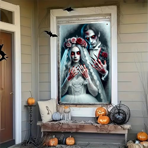 Halloween Ghost Couple Window Cover 31x47 Inch Polyester Decor - Spooky Halloween Window Decoration