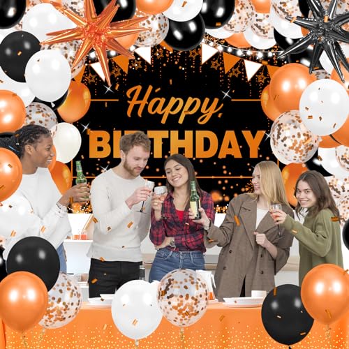 62pcs Orange and Black Birthday Party Decorations Balloon Kit with Banner & Foil Balloons