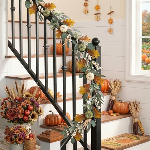 Fall Garland with Pumpkins and Lights - 9ft White/Green Autumn Decor