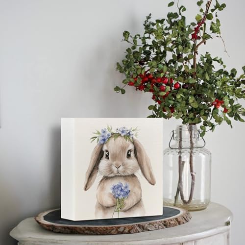 Easter Wooden Sign - Retro Bunny Spring Desk Decor, 5x5 Inch Myosotis Variation