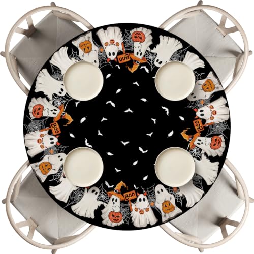 Halloween Fitted Round Tablecloth 45-56 inch Ghost Bat Black - Ghost Variation