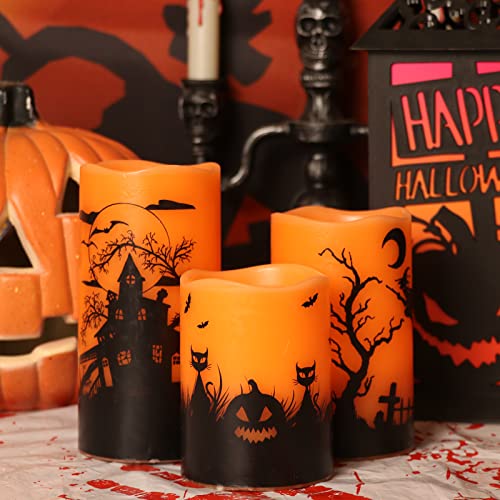 Orange Halloween Flameless Candles with Timer - 3 Pack Real Wax Pillars for Home Decorations
