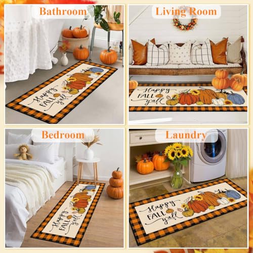 HEBE Fall Kitchen Rugs Set of 3 - Pumpkin Orange Washable Floor Mats with Runner 20x32, 20x48, 20x59 Inches