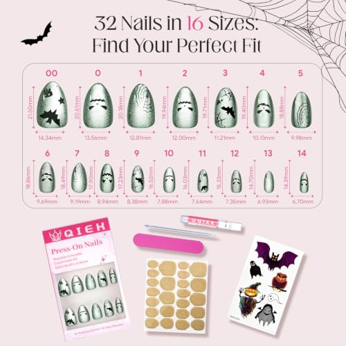 Halloween Press-On Nails Short Almond with Cat Eye Spider Ghost - 32Pcs, Variation 1
