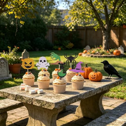 Black 24 Pcs Halloween Cupcake Toppers - Pumpkin & Ghost Party Decorations