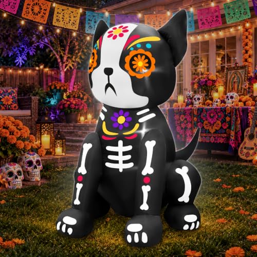 4 Ft Day of The Dead Inflatable Skull Dog with LED Lights for Halloween & Outdoor Decor