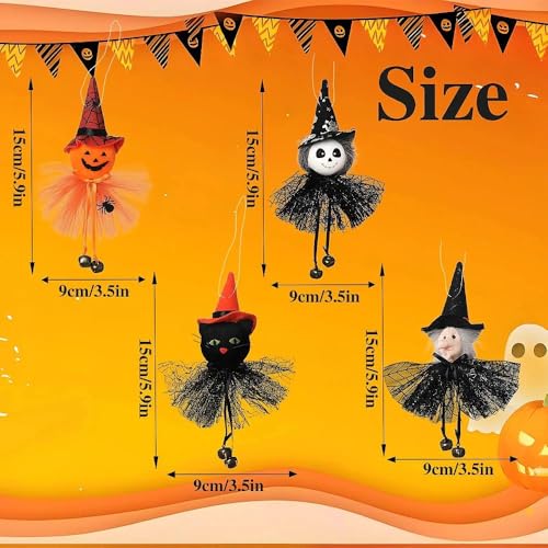 Halloween Hanging Bell Decor Set - 4PCS Pumpkin Ghost Witch Black Cat - Color-02