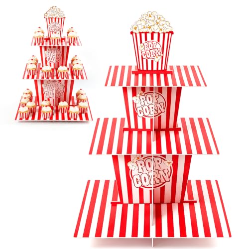 3-Tier Popcorn Cupcake Stand for Movie Night & Party Decorations - Red & White