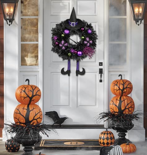 Halloween Wreath for Front Door 26 Inch - Black & Purple Witch Decor with Hat, Legs & Pumpkin