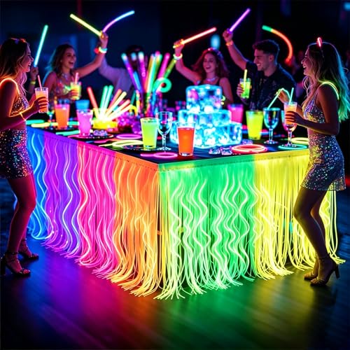 Glow in The Dark Party Table Skirts Set - 4 Pack Fluorescent Wavy Foil Fringe for Neon & Blacklight Events