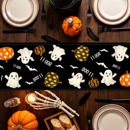 Halloween Ghost Pumpkin Linen Table Runner 13x72 Inches for Dining Table - Cute Halloween Ghost Variation
