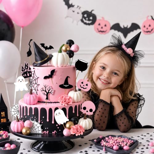 Pink Pumpkin Cake Topper Set - Halloween Cake Decorations with Hat, Flower & Bats - 30PCS - Pumpkin Variation