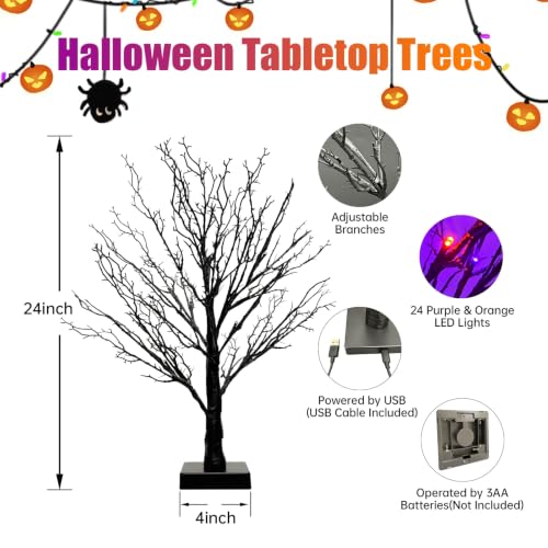Halloween Decor Indoor 2 Pack 24-Inch Black Halloween Trees with Orange & Purple LED Lights - USB & Battery Powered, Spooky Twig Trees with Timer