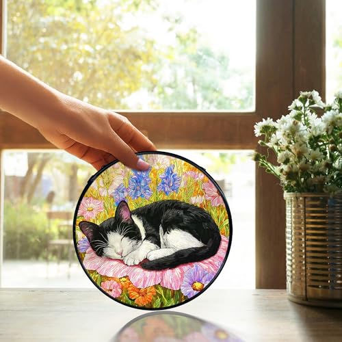 Cat Flower Stained Glass Window Hanging – Handcrafted Sun Catcher with Metal Frame, 7.9 Inches