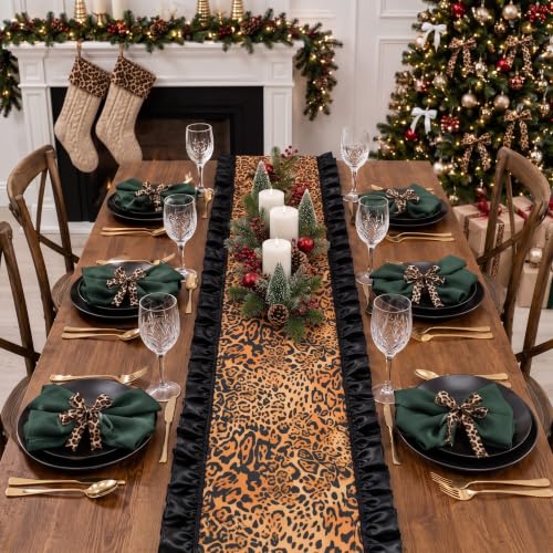 Christmas Leopard Table Runner with Black Ruffle Border - 13x72 Inches