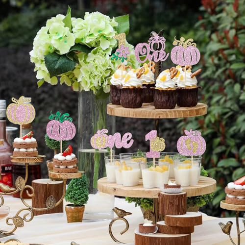 Pink Glitter Pumpkin Cupcake Toppers - 48Pcs Fall & Halloween Party Decorations, First Birthday