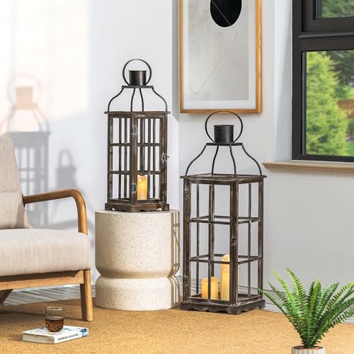 Black Farmhouse Wooden Candle Lanterns Set of 2 - 25 & 18.75 Inches, No Glass