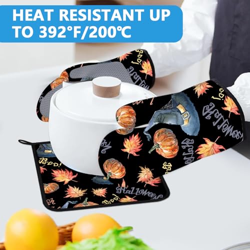 Halloween Pumpkin Autumn Maple Leaf Oven Mitts and Pot Holders Set - Heat Resistant Kitchen Baking & Grilling 4Pcs