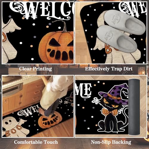 Halloween Kitchen Rugs Set with Non-Slip Mat and Mouse Pad - Ghost & Black Cat Design