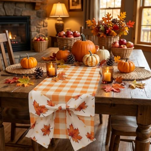 Fall Table Runner Orange Plaid Decor with Bowknot 13'' x 60'' - Autumn Harvest Thanksgiving Halloween