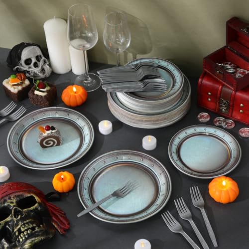 Vintage Style Medieval Party Supplies Set - Silver Pewter Look Dinnerware and Forks for 60 Guests
