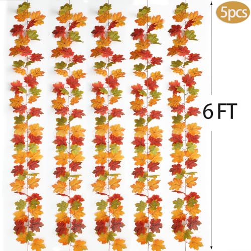 Mizii Fall Decor Maple Vine Garland - 5 Pack, 390 Inch Artificial Autumn Leaves, Fake Maple Leaves for Thanksgiving and Fall Home Decor - Maple Variation