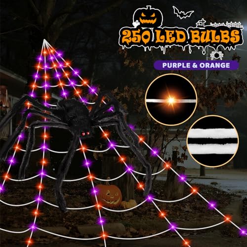 Halloween Spider Web Lights Decoration - 250 LED 16.4Ft Outdoor Web with 8 Modes & 5Ft Giant Spider - Stretch Cobweb for Yard Garden Haunted House - Lighting Spider Web