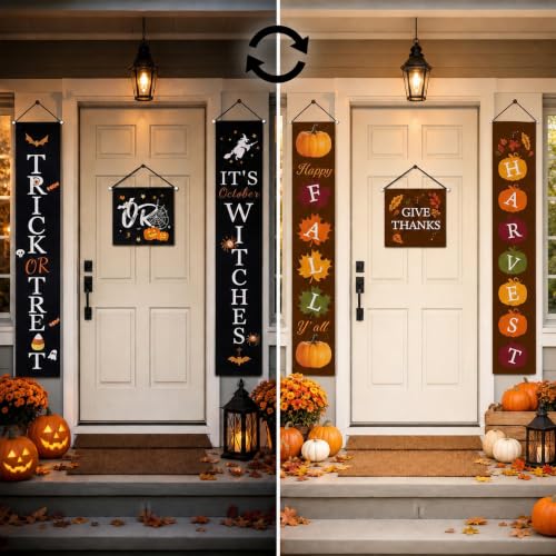 Reversible Fall Halloween Porch Banner - 71 Inch Outdoor Decor with Black and Brown Variation